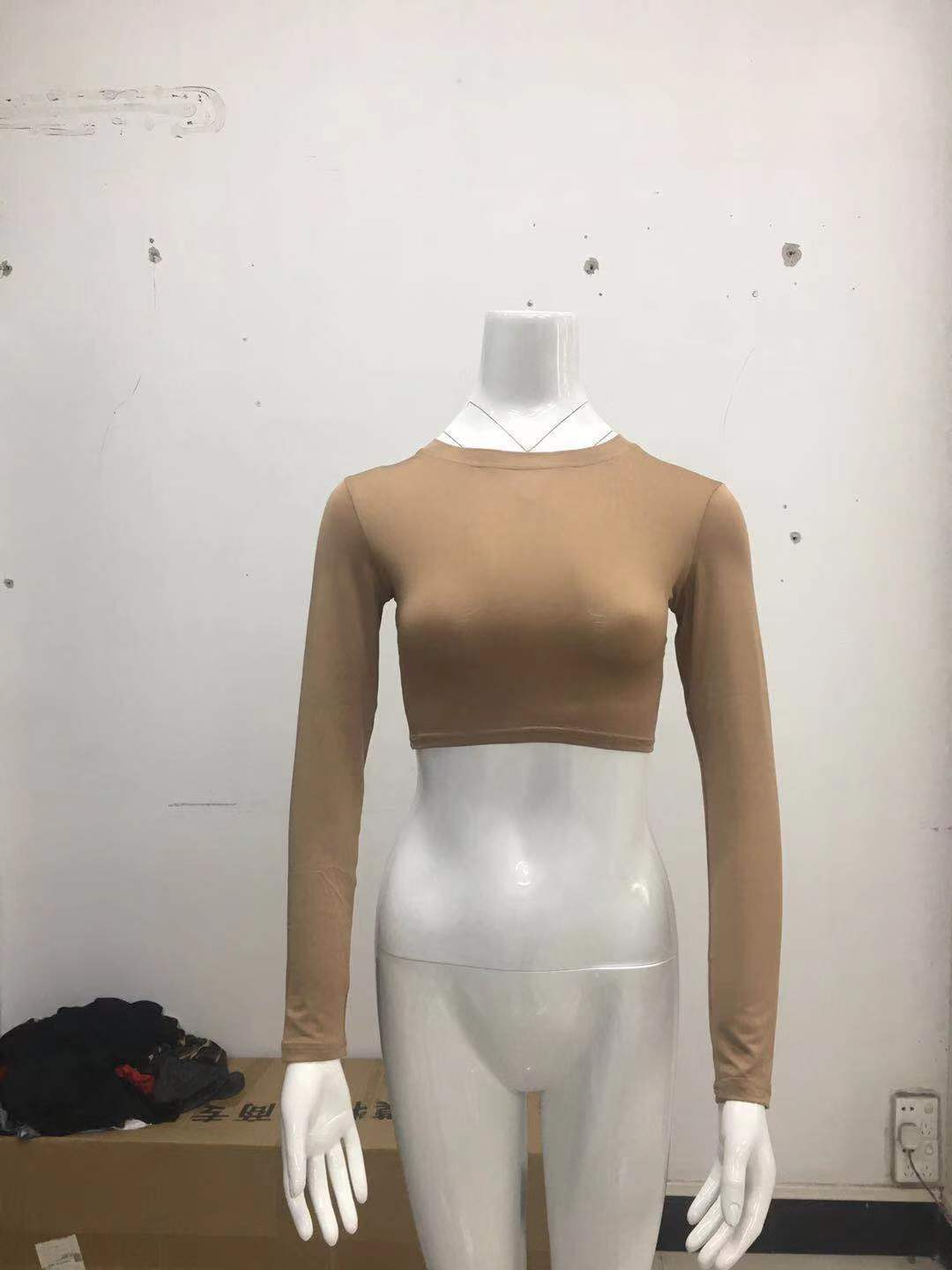 Crop Top with Long Sleeves in Second-Skin Stretch - khaki front mannequin