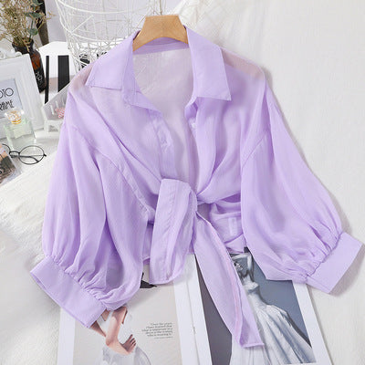 Cover-Up Shirt in Sheer Chiffon with Tie Front - purple front view