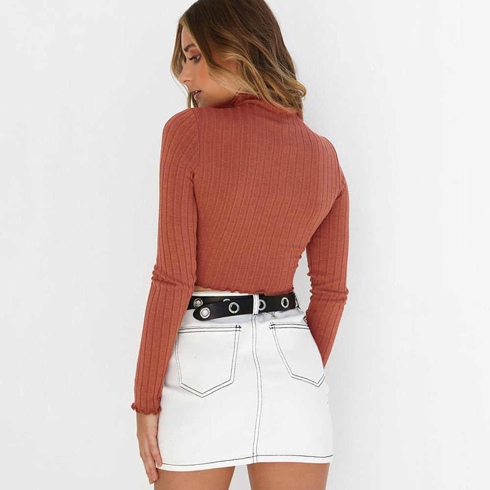 Top in Coffee with Ribbed High Neck and Scalloped Trim - coffee back view