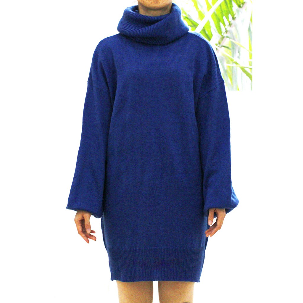 Jumper Dress in Oversized Cowl-Neck Knit - Navy full-length front view