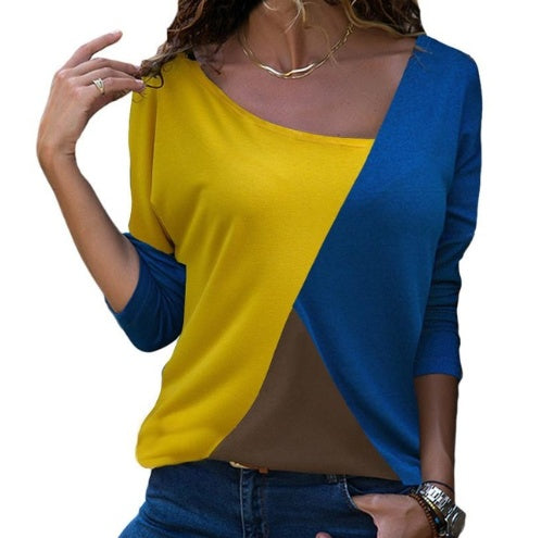 Long-Sleeve Colour-Block Bateau-Neck T-Shirt - yellow and blue front view