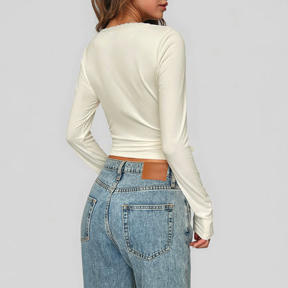 Long-Sleeve Top with Lace-Trim Scoop Neck and Tie Front - apricot back view