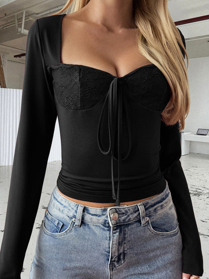 Corset Top with Lace Cups and Long Sleeves - black styled front view
