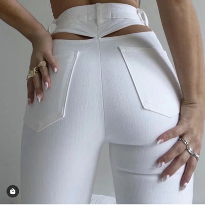 Bootcut Jeans with High Waist and Back Cut-Out - white back pocket and cut-out detail
