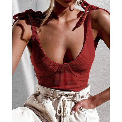 Ribbed Plunge Vest Top with Tie Shoulders - burgundy front view