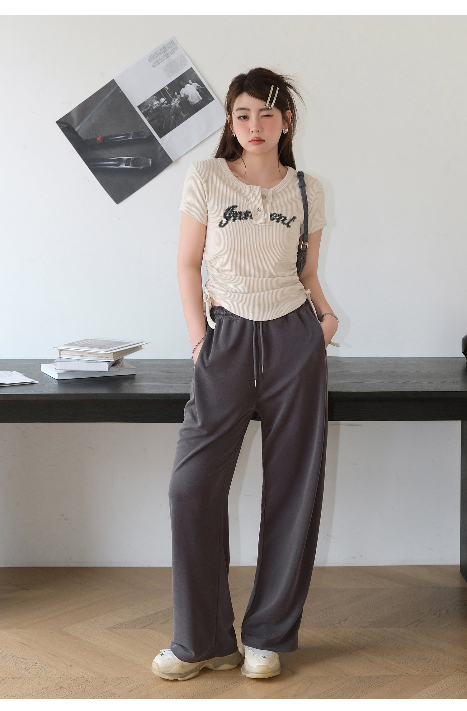 Khaki Ribbed Graphic Print Tee & Grey Wide-Leg Trousers Set - relaxed casual pose