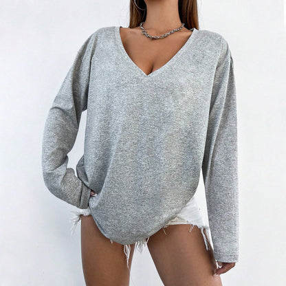 Top in Grey Marl with Slouch V-Neck - grey marl front view