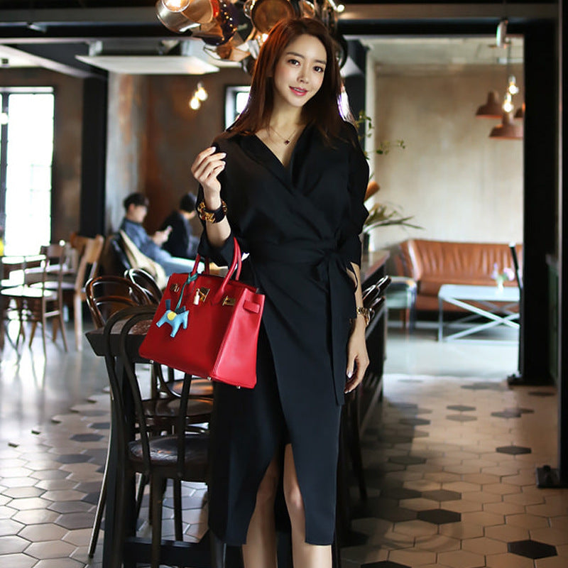 Wrap Midi Dress in Black with Tie Waist - black full-length cafe pose showing front split