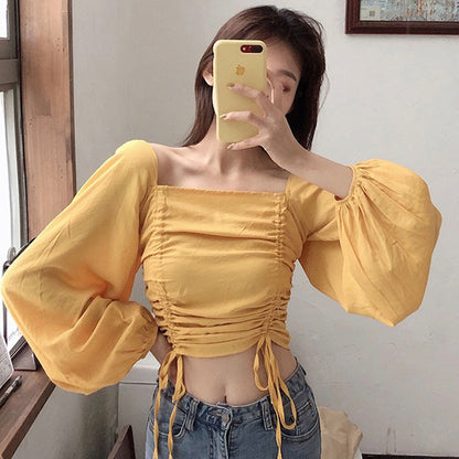 Top with Ruched Bardot Neckline and Lantern Sleeves - yellow mirror front view
