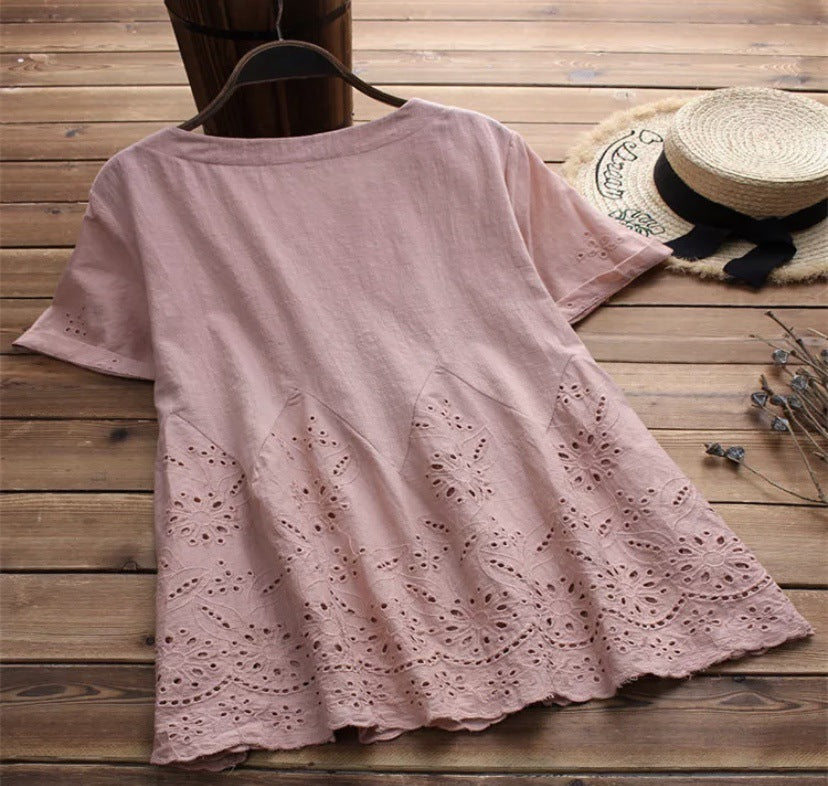 Tunic Top with Broderie Hem - soft pink angled flat-lay view
