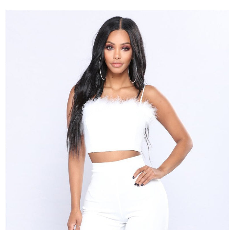 Cami Top with Feather Trim in Pink & White - white front studio view