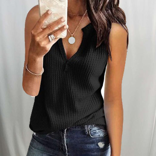 Vest Top in Ribbed Knit with Crossover V-Neck - black front view