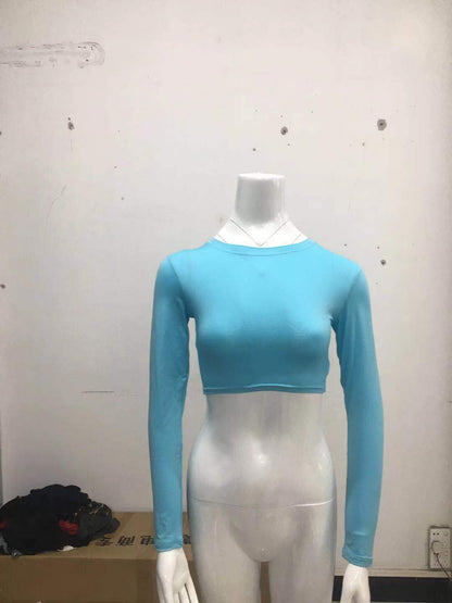 Crop Top with Long Sleeves in Second-Skin Stretch - sky blue front mannequin