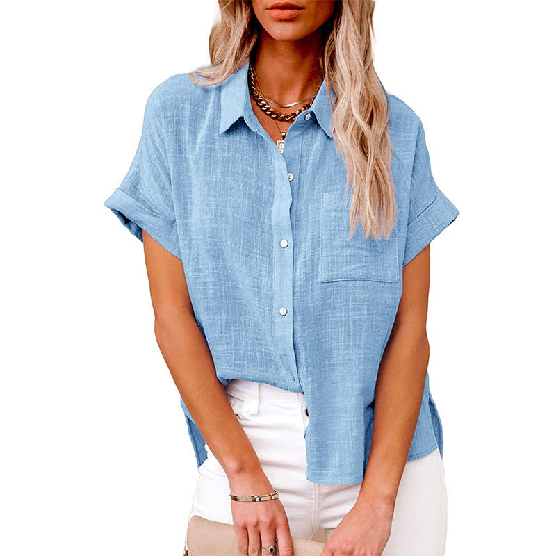 Short-Sleeve Textured Shirt with Pocket - Sky Blue front view