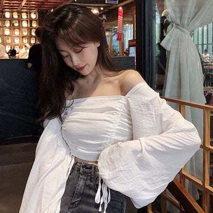 Top with Ruched Bardot Neckline and Lantern Sleeves - white seated front view