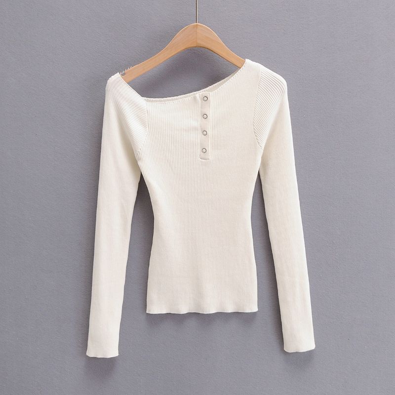 Knit Top with Boat Neck and Button Detail - white front view