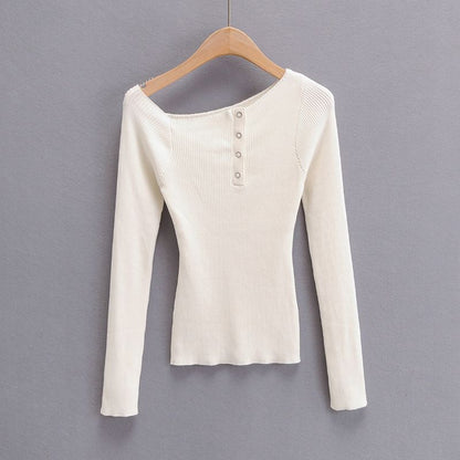Knit Top with Boat Neck and Button Detail - white front view