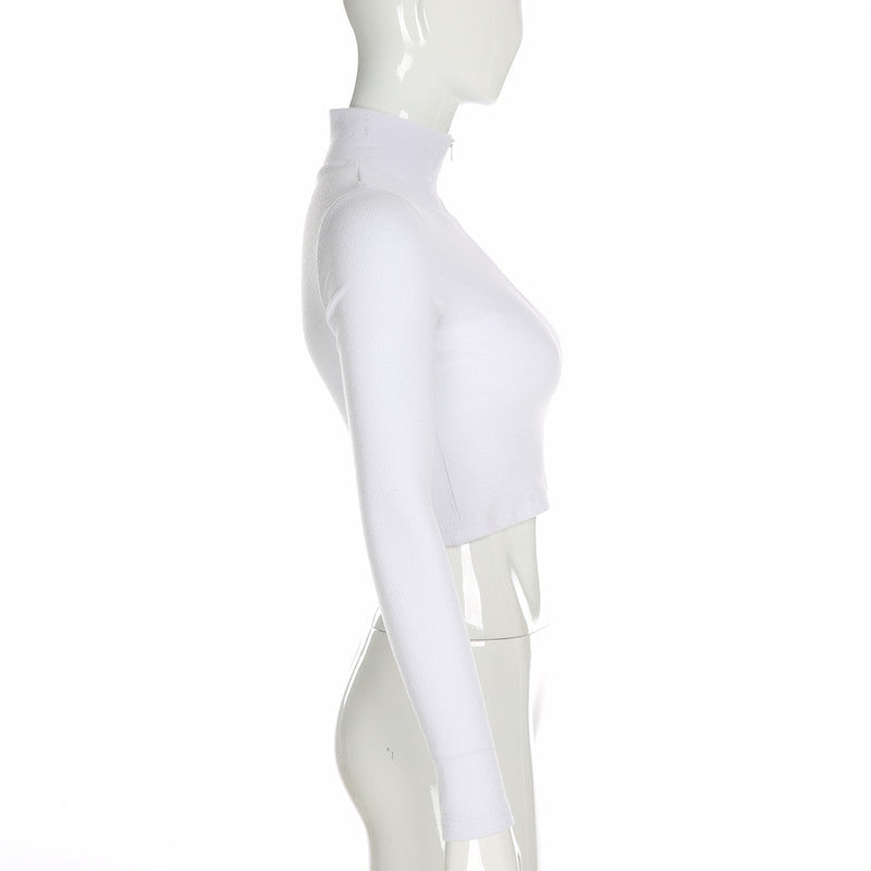 Ribbed Crop Top in White with Zip Front - white side view
