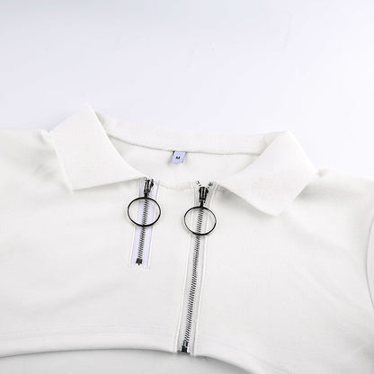 Cropped Polo Top with Double Ring Zip in White - white flat lay front view