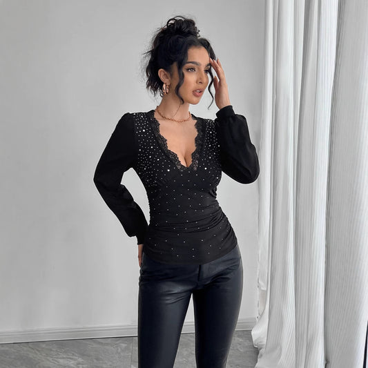 Ruched Top in Black with Lace V-Neck and Rhinestones - black front view