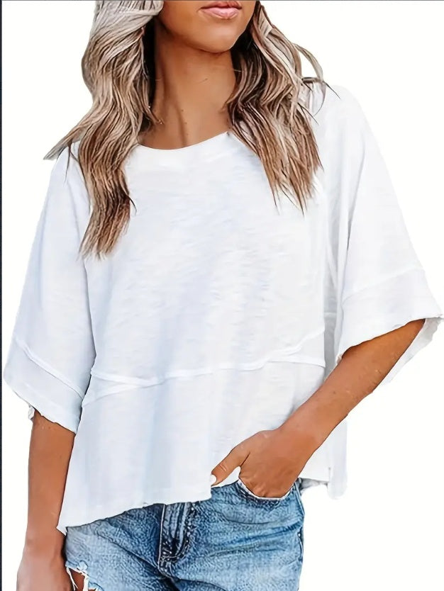 T-Shirt with Boxy Loose Fit and Turn-Up Sleeves - white front view