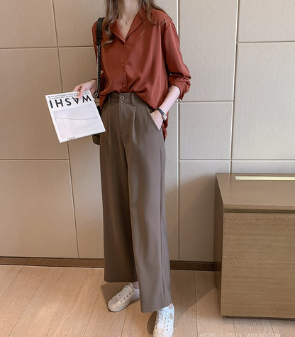 Blouse with Revere Collar, Relaxed Fit and Long Sleeves - red full-length outfit view