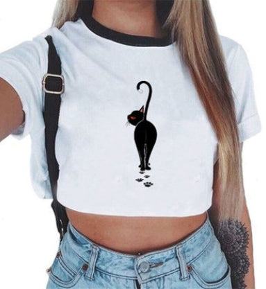Crop T-Shirt in White with Graphic Print and Contrast Trim - white front with black cat silhouette print