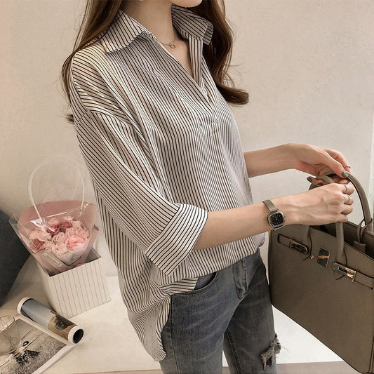 Tunic Shirt in Fine Pinstripe - White front view