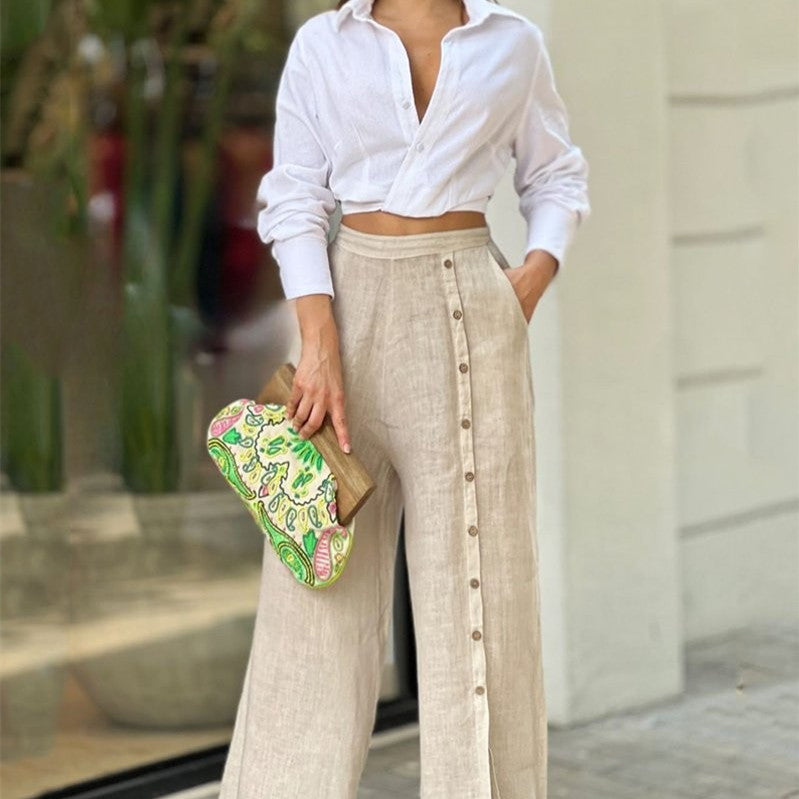 Cropped Shirt & Button-Front Wide-Leg Trouser Set - white lifestyle front view