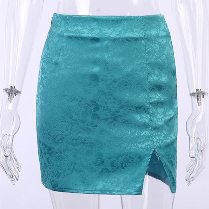 Mini Skirt in Turquoise Satin Jacquard - turquoise blue flat lay view