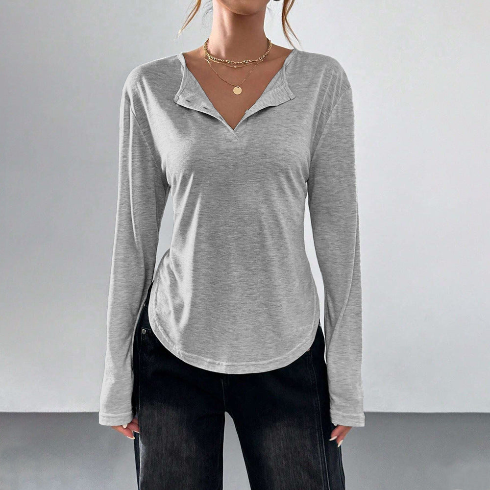 Long Sleeve Top in Grey Marl with Fold-Over V-Neck - front view