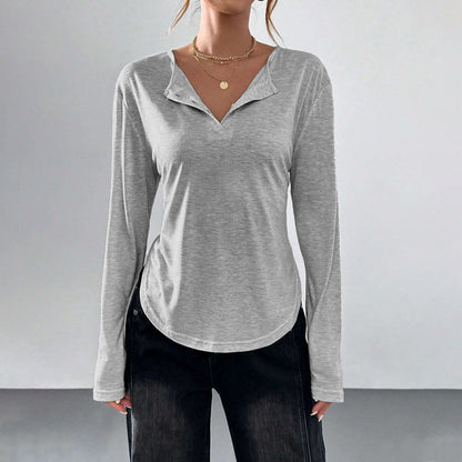 Long Sleeve Top in Grey Marl with Fold-Over V-Neck - front view