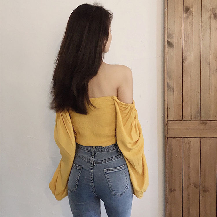 Top with Ruched Bardot Neckline and Lantern Sleeves - yellow back view