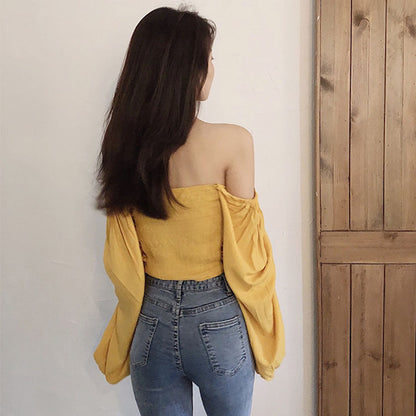 Top with Ruched Bardot Neckline and Lantern Sleeves - yellow back view