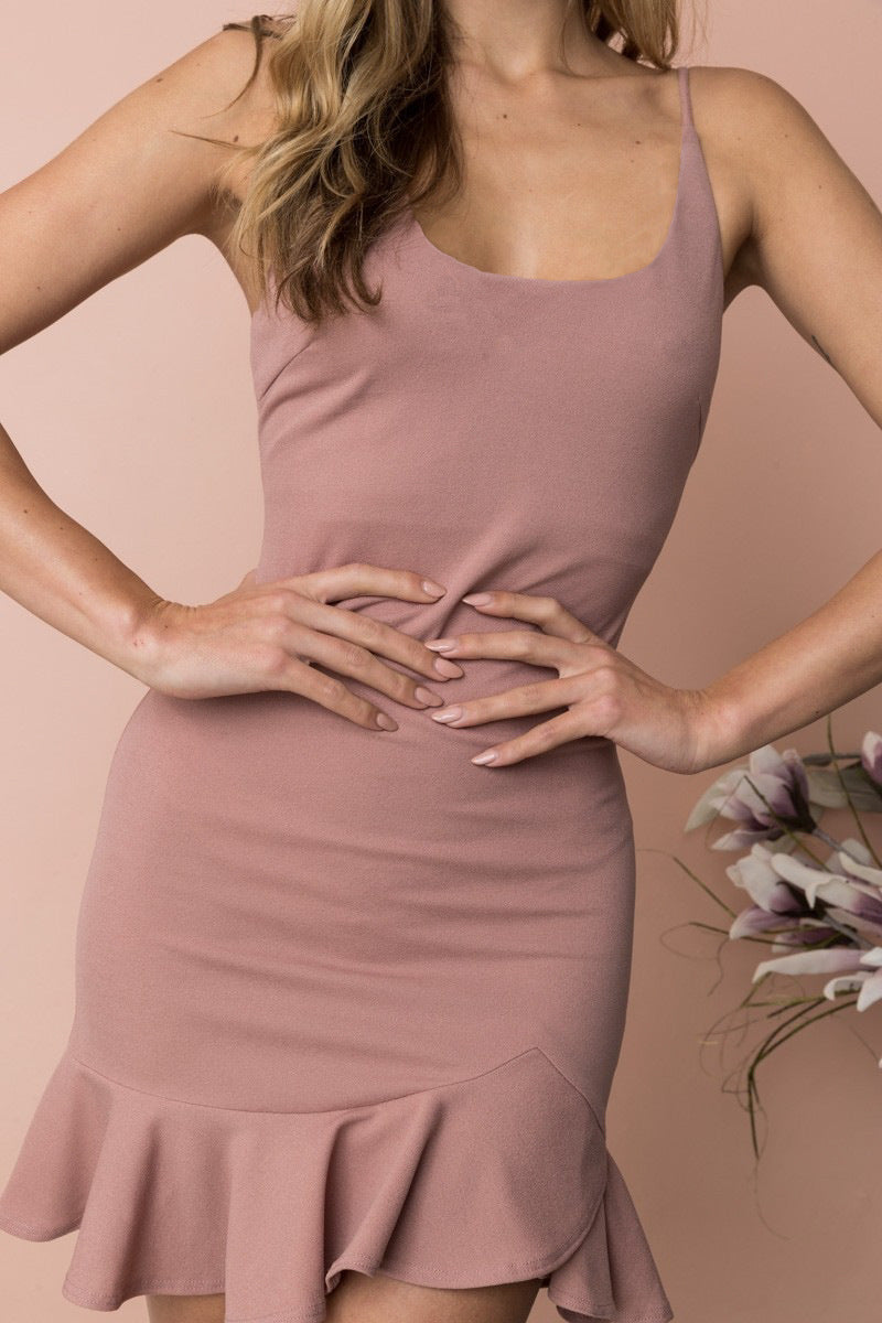 Cami Mini Dress with Square Neck and Ruffle Hem - blush front detail