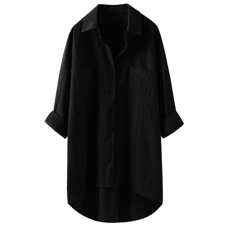 Longline Cotton-Linen Shirt with Curved Hem - black front studio view