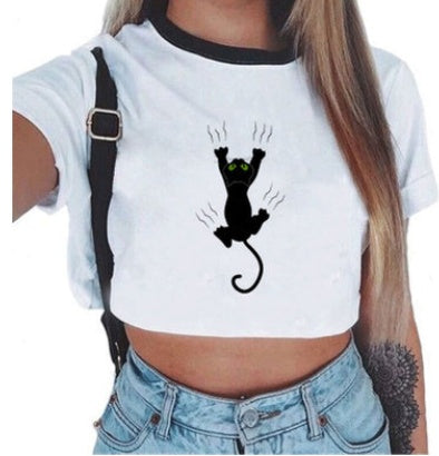 Crop T-Shirt in White with Graphic Print and Contrast Trim - white front with hanging black cat print
