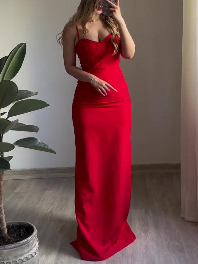 Maxi Dress in Red with Sweetheart Neckline and Back Slit - red full front view