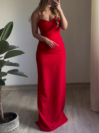Maxi Dress in Red with Sweetheart Neckline and Back Slit - red full front view