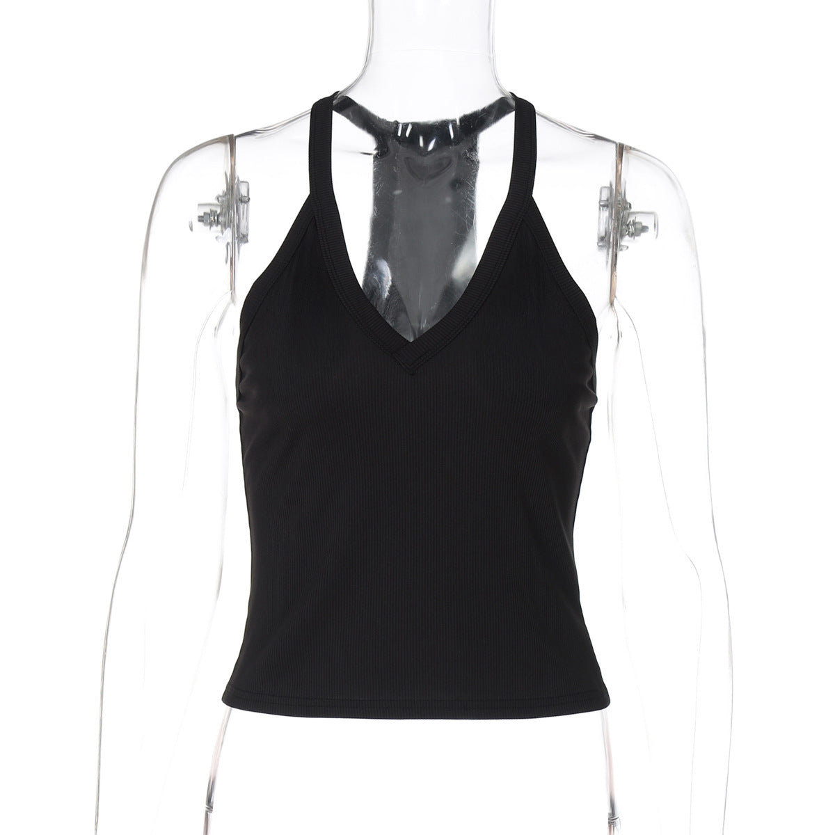 Vest Top in Ribbed V-Neck with Racerback - black front flat lay