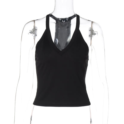 Vest Top in Ribbed V-Neck with Racerback - black front flat lay