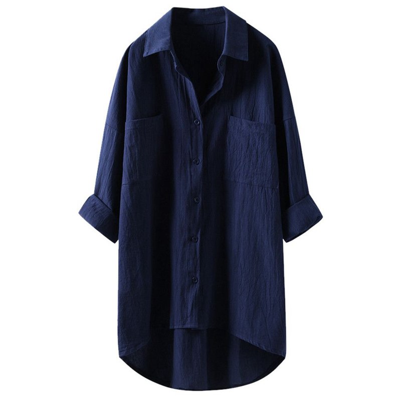 Longline Cotton-Linen Shirt with Curved Hem - navy front studio view