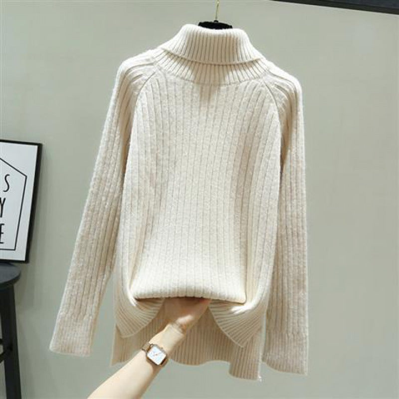 Jumper in Chunky Rib Roll-Neck Knit - beige front view