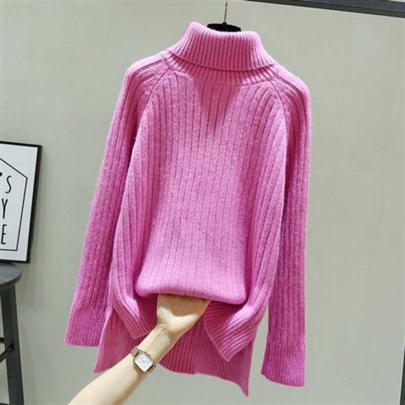 Jumper in Chunky Rib Roll-Neck Knit - rose red front view