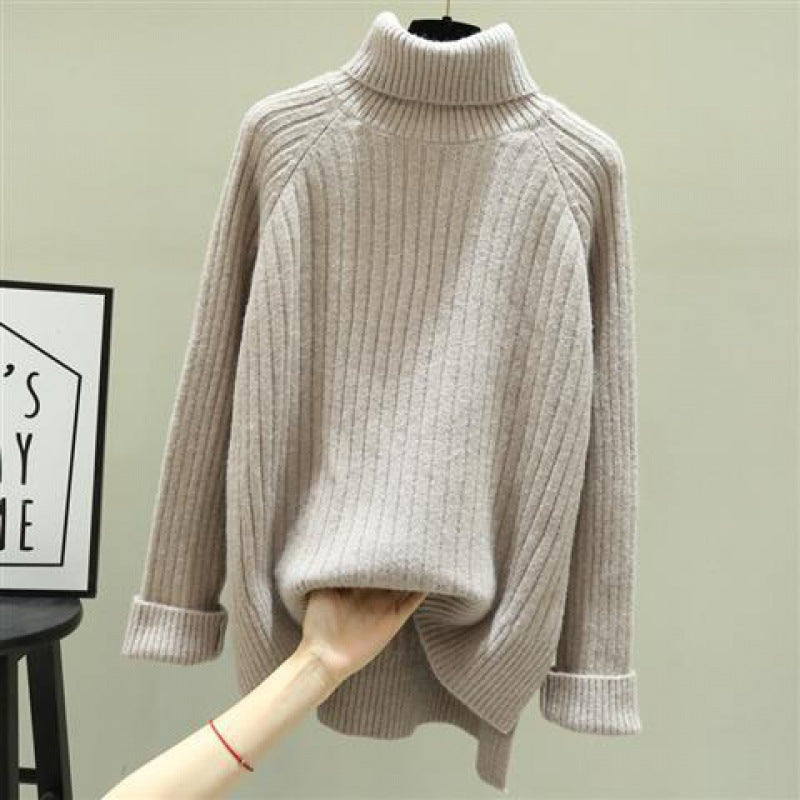 Jumper in Chunky Rib Roll-Neck Knit - khaki front view