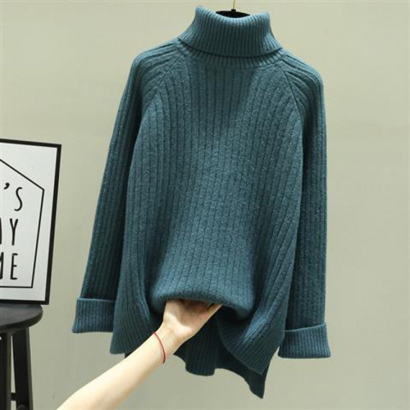Jumper in Chunky Rib Roll-Neck Knit - green front view