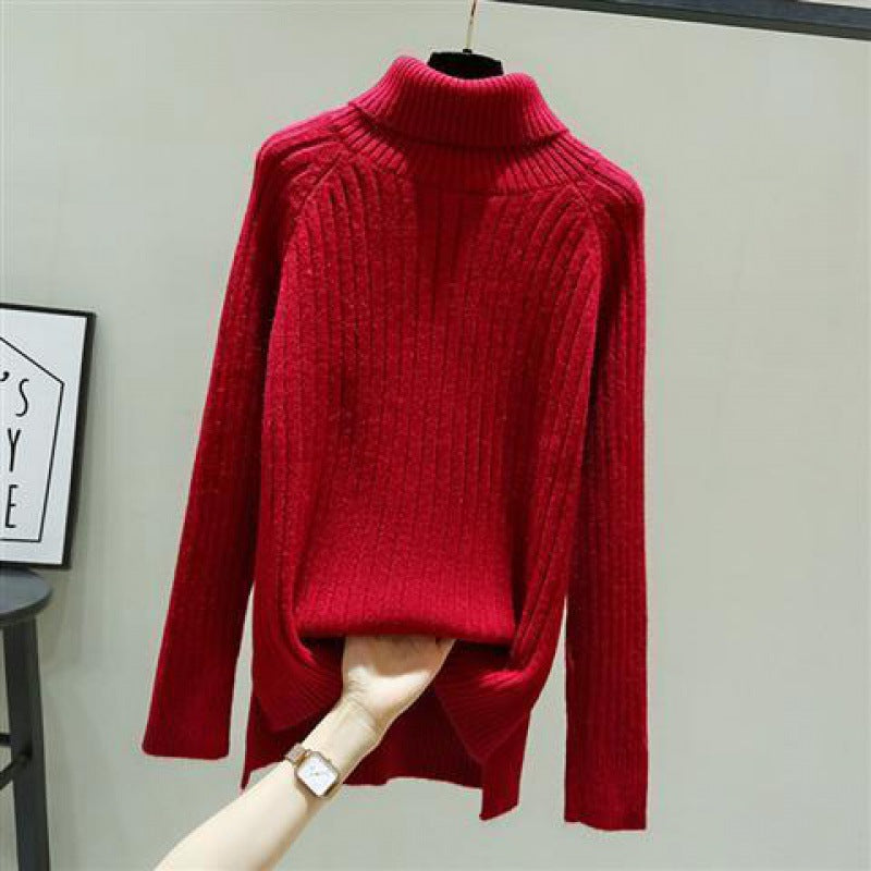 Jumper in Chunky Rib Roll-Neck Knit - wine red front view
