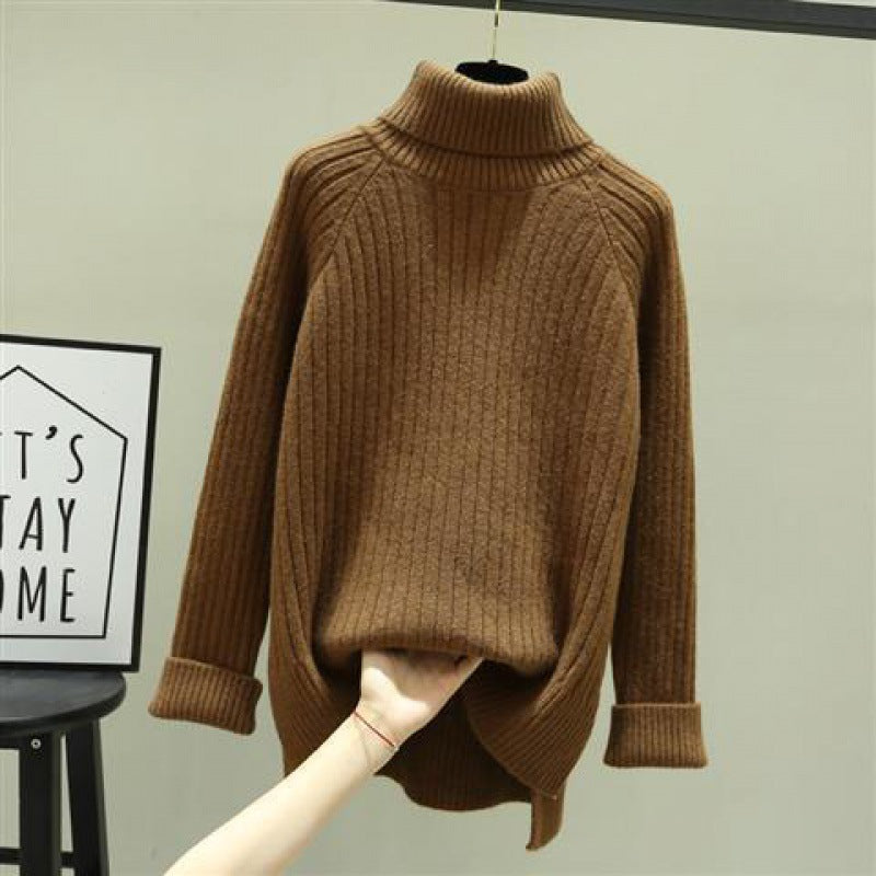 Jumper in Chunky Rib Roll-Neck Knit - coffee front view