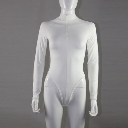 Bodysuit in White with Mock Neck and Long Sleeves - white front mannequin view