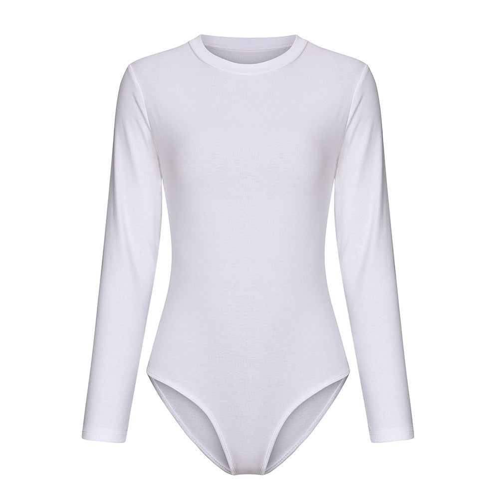 Bodysuit in Black or White with Crew Neck and Long Sleeves - white flat lay front